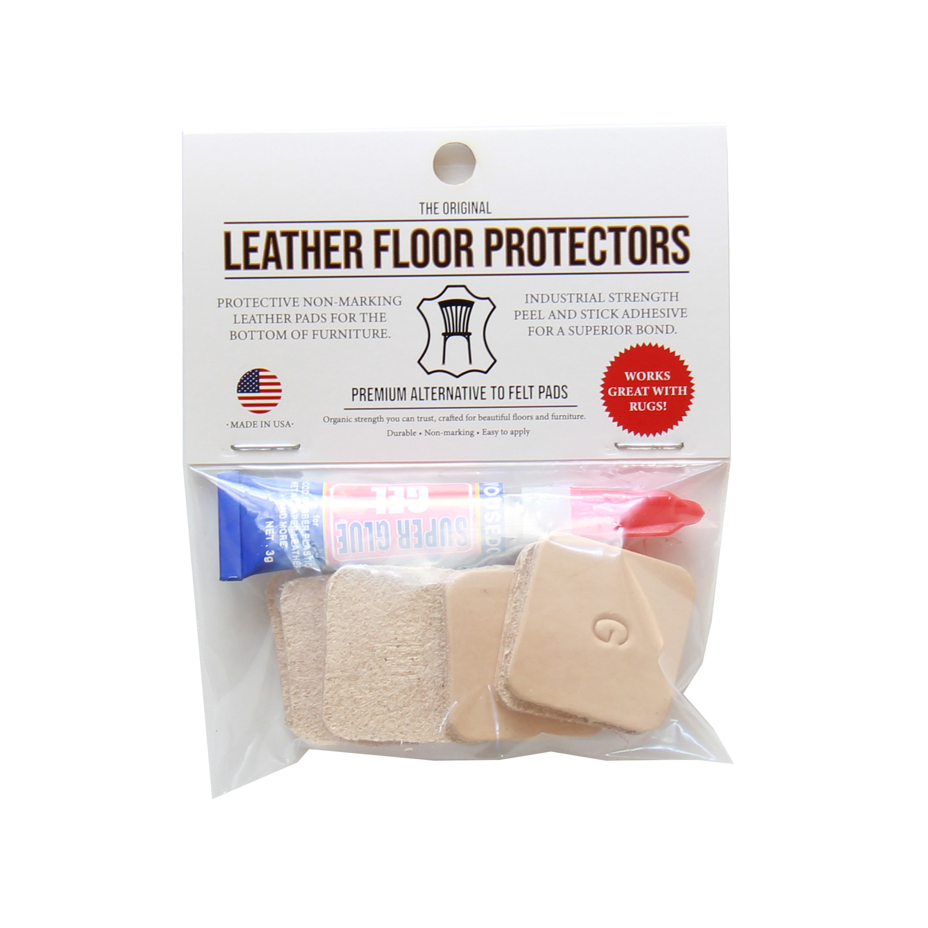 Glue-On Leather Floor Protectors for Modern Furniture - 1.25" Square USA-Made Vegetable Tanned Pads (8-Pack)
