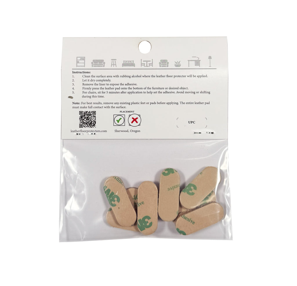 Leather Floor Protectors for Oval & Narrow Legs - 1.2" x 0.5" Pill Shape USA-Made Vegetable Tanned Pads (8-Pack)