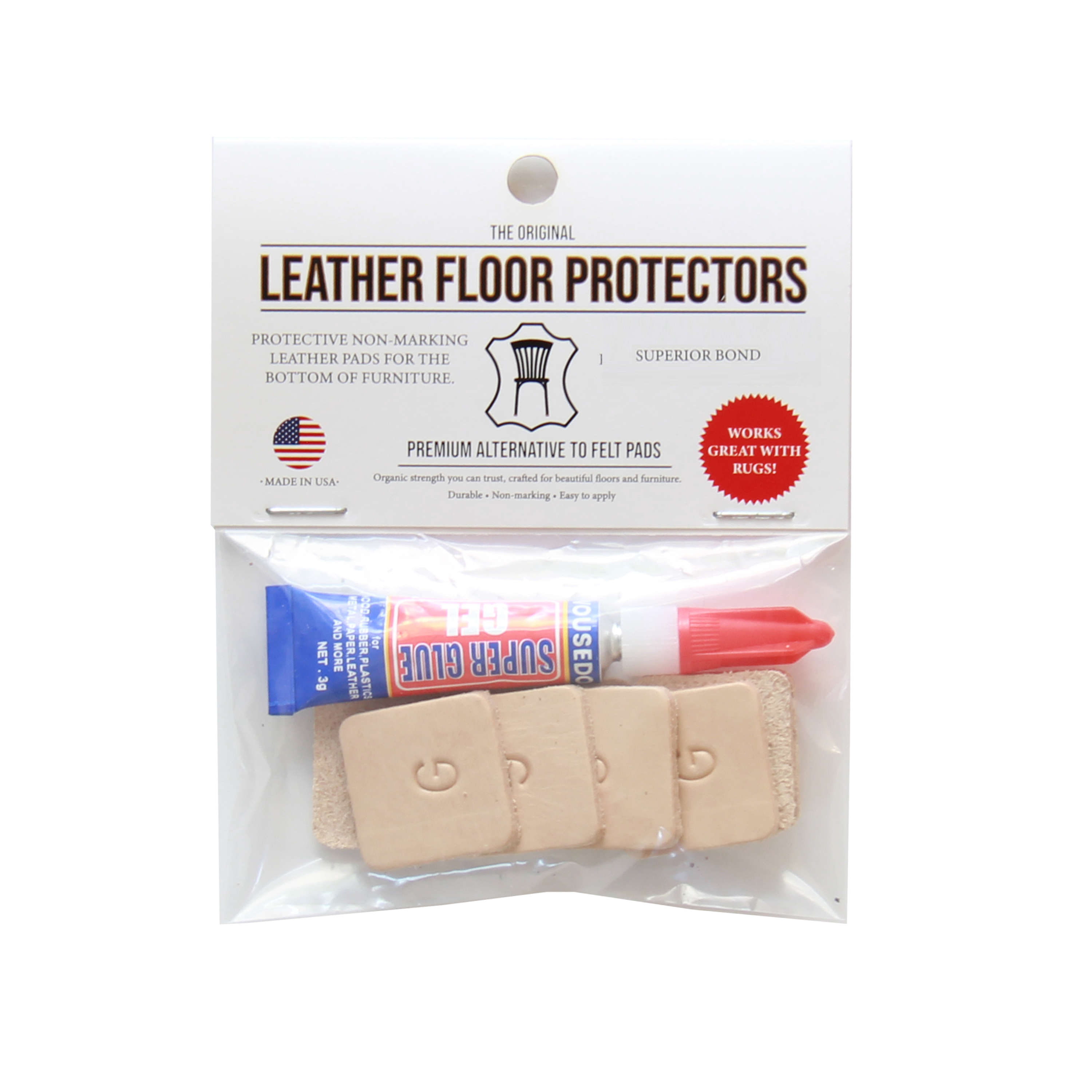 Glue-On Leather Floor Protectors for Square Furniture Legs - 1" Square USA-Made Vegetable Tanned Pads (8-Pack)